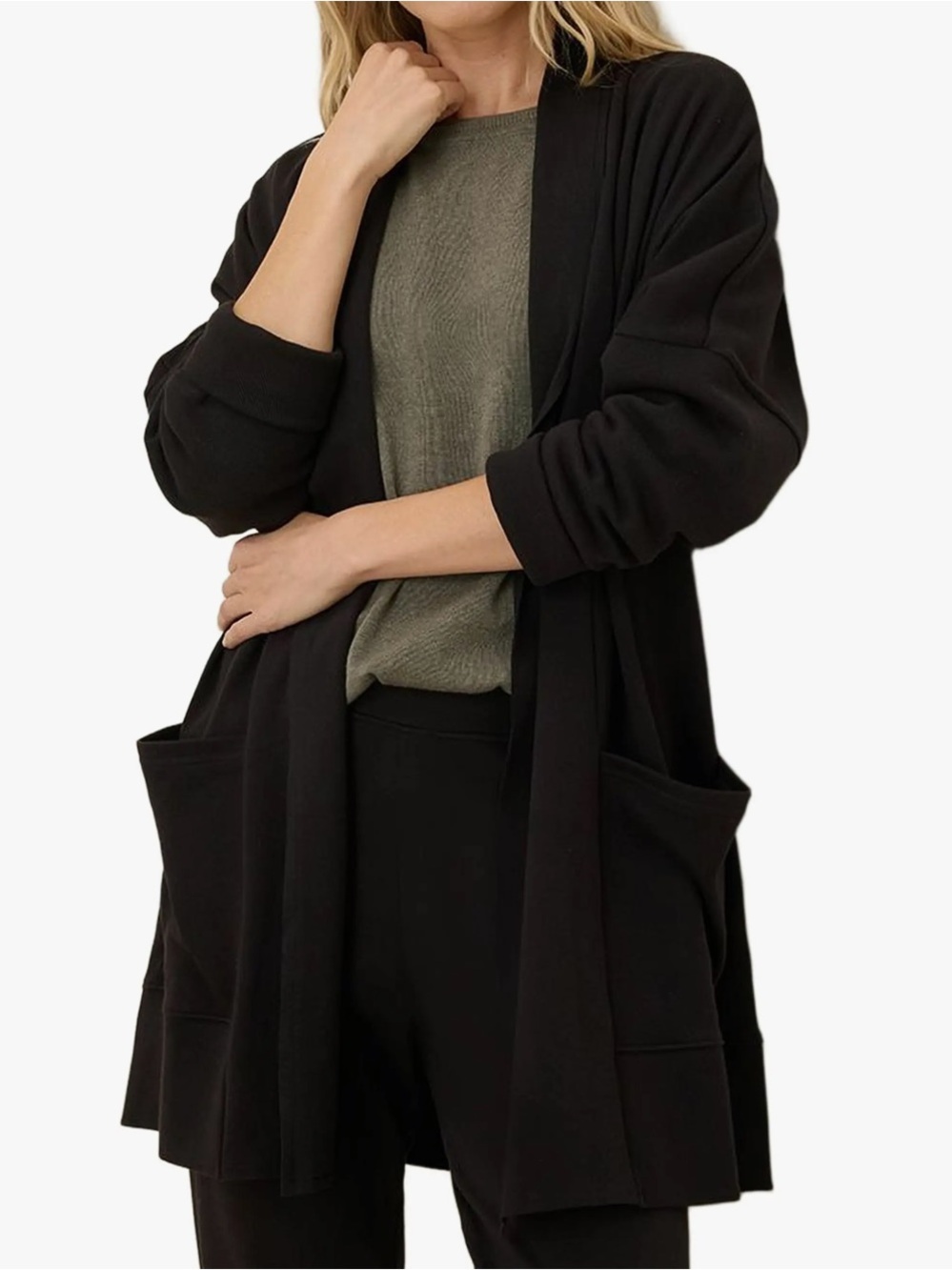 Pact Airplane Wrap Relaxed Black Open-Front Cardigan with Front Pockets Sz S-M